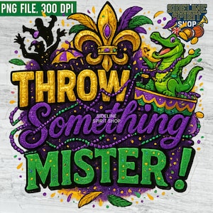 以下が含まれることがあります： 「THROW SOMETHING MISTER！」の文字が金色、紫、緑で描かれた、カラフルなマルディグラのデザイン。フルール・ド・リス、緑のアリゲーター、道化師のシルエットが特徴。ビーズと装飾的なボーダーが含まれています。