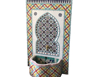 Fuente de jardín marroquí hecha a mano, fuente arabesca decorativa, fuente de mosaico colorido
