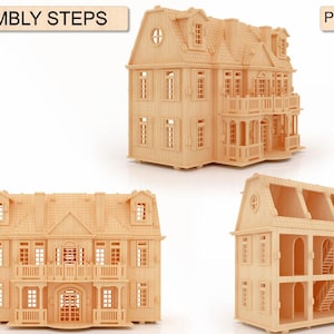 Casa de muñecas de madera, modelo de casa de muñecas de madera cortada con láser, escala 1/24