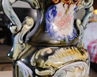 Antique Majolica Two Handled Vase
