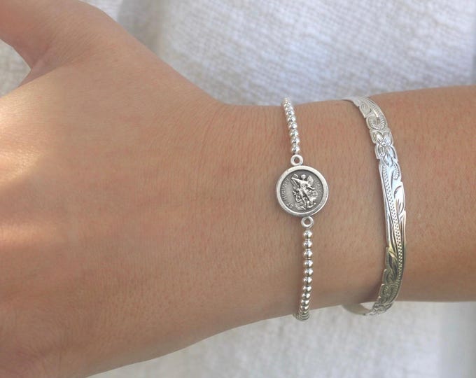 Sterling Silver Saint Michael Bracelet Handmade in USA • Free Fast Shipping • Beautiful Gift for Her • Stretch