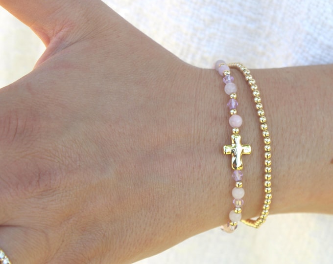 Gold Filled Cross Stone Bracelet Handmade in USA • Free Fast Shipping • Beautiful Gift For Her • Stretch Design • 14k Gold Jewelry