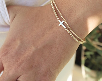 Gold Filled Cross Bracelet Handmade in USA • Free Fast Shipping • Beautiful Gift For Her • Stretch Design • 14k Gold Jewelry