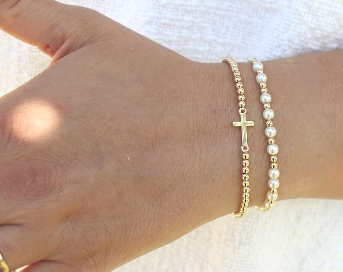 Gold Filled Cross Bracelet SET of 2 • Handmade in USA • Free Fast Shipping • Gift for her • Stretch Design • 14k Gold Jewelry • Pearl Stack