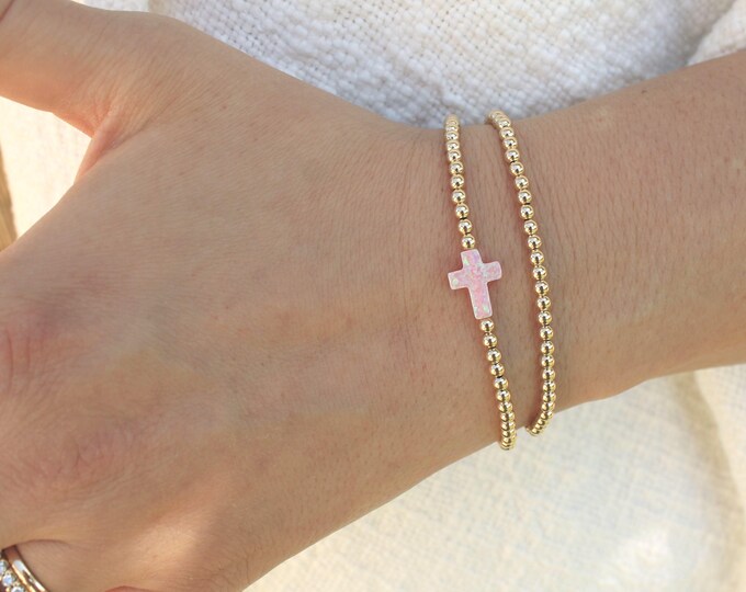 Gold Filled Pink Opal Cross Bracelet  • Free Fast Shipping • Gift For Her • Stretch Design • Handmade in USA
