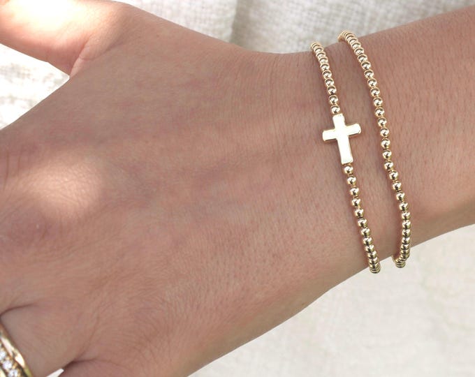 Gold Filled Cross Bracelet Handmade in USA • Free Fast Shipping • Beautiful Gift For Her • Stretch Design • 14k Gold Jewelry