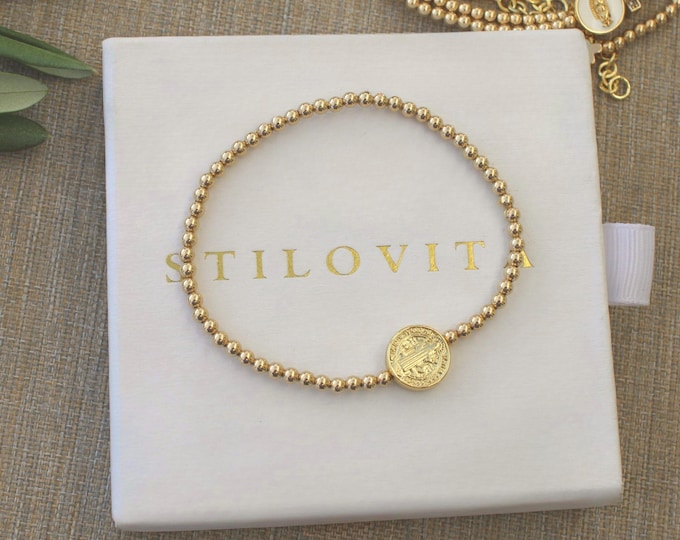 Gold Filled Saint Benedict Bracelet Handmade in USA • Free Fast Shipping • Beautiful Gift for Her • Stretch Design • 14k Gold Jewelry