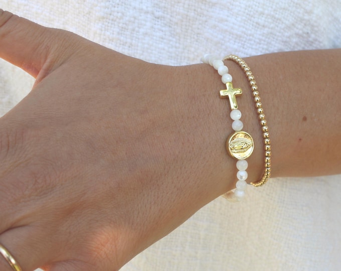 Gold Filled Moonstone Rosary Bracelet Handmade in USA • Free Fast Shipping • Beautiful Gift for Her • Stretch Design • 14k Jewelry