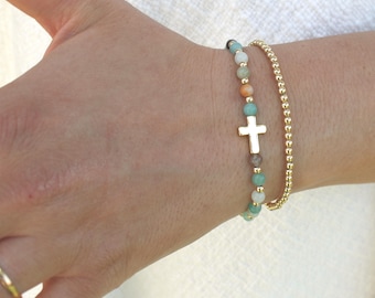 Gold Filled Stone Cross Bracelet Handmade in USA • Free Fast Shipping • Gift For Her • Stretch Design • 14k Gold Jewelry
