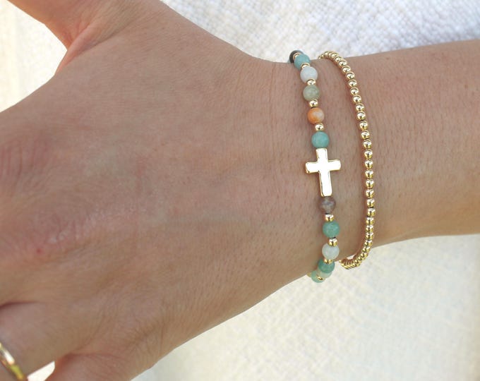 Gold Filled Stone Cross Bracelet Handmade in USA • Free Fast Shipping • Gift For Her • Stretch Design • 14k Gold Jewelry
