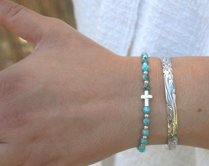 Sterling Silver Turquoise Cross Bracelet • Free Fast Shipping • Gift for Her • Stretch • Handmade in USA