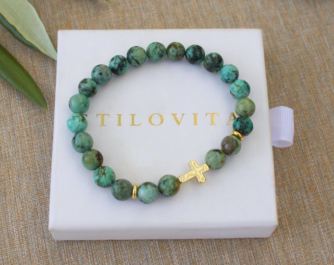 Turquoise Stone Cross Bracelet • Handmade in USA • Free Fast Shipping • Gift for Him • Stretch Design