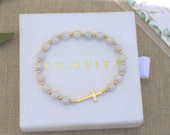 Gold and Faceted Bead Cross Bracelet Handmade in USA • Free Fast Shipping • Beautiful Gift For Her • Stretch Design • 14k Gold Jewelry