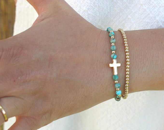 Featured listing image: Gold Filled Stone Cross Bracelet Handmade in USA • Free Fast Shipping • Gift For Her • Stretch Design