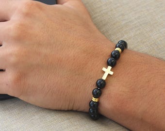 Men's Cross Bracelet • Handmade in USA • Gift for Him • Stretch Design • Free Fast Shipping