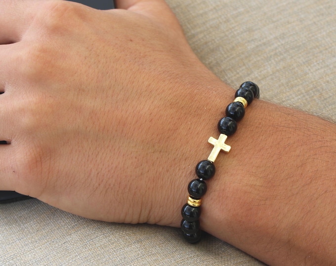 Men's Cross Bracelet • Handmade in USA • Gift for Him • Stretch Design • Free Fast Shipping