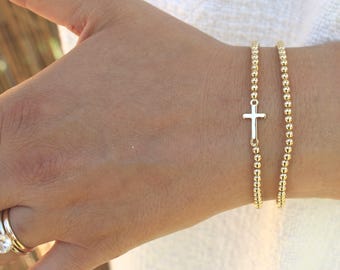 Gold Filled Cross Bracelet Handmade in USA • Free Fast Shipping • Beautiful Gift For Her • Stretch Design • 14k Gold Jewelry