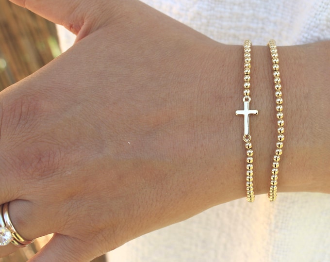 Gold Filled Cross Bracelet Handmade in USA • Free Fast Shipping • Beautiful Gift For Her • Stretch Design • 14k Gold Jewelry