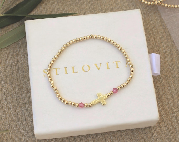 Gold Filled Birthstone Cross Bracelet Handmade in USA • Free Fast Shipping • Perfect Gift for Her • Stretch Design • 14k Gold Jewelry