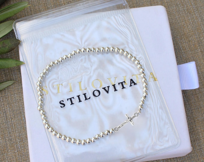 Sterling Silver Crucifix Bracelet Handmade in USA • Free Fast Shipping • Beautiful Gift for Her • Stretch Design • 925 Jewelry