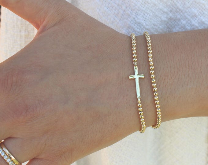 Gold Filled Cross Bracelet Handmade in USA • Free Fast Shipping • Beautiful Gift For Her • Stretch Design • 14k Gold Jewelry