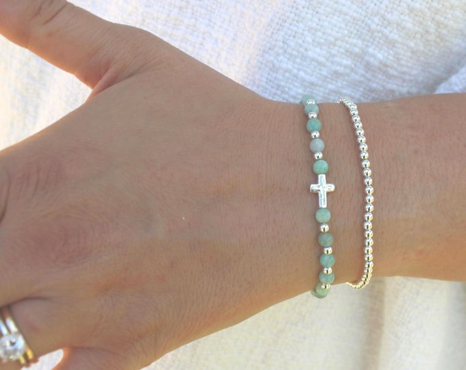 Sterling Silver Stone Cross Bracelet Handmade in USA • Free Fast Shipping • Gift for Her • Stretch • Handmade in USA