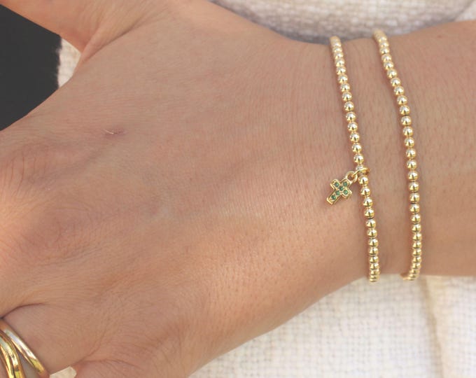 Gold Filled Emerald Cross Bracelet Handmade in USA • Free Fast Shipping • Beautiful Gift For Her • Stretch Design