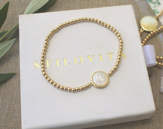 Gold Filled Virgin Mary Bracelet Handmade in USA • Free Fast Shipping • Beautiful Gift for Her • Stretch Design • 14k Jewelry