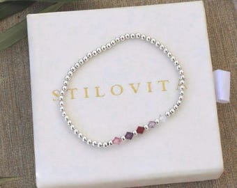 Sterlingzilveren familiegeboortesteenarmband handgemaakt in de VS • Gratis snelle verzending • Perfect cadeau voor haar • Stretchontwerp