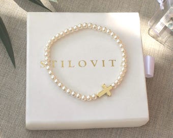 Gold Cross Pearl Bracelet  • Handmade in USA • Free fast shipping • Gift For Her • Stretch Design