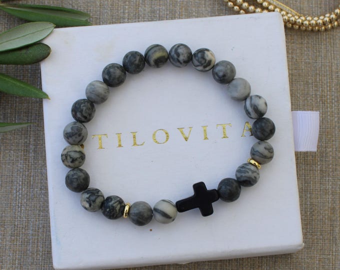Fathers Day Black Cross Bracelet • Handmade in USA • Free Fast Shipping • Gift for Him • Stretch Design • Mens Jewelry