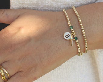 Gold Filled Initial Birthstone Cross Bracelet Handmade in USA • Free Fast Shipping • Gift for Her • Stretch Design • 14k Gold Jewelry