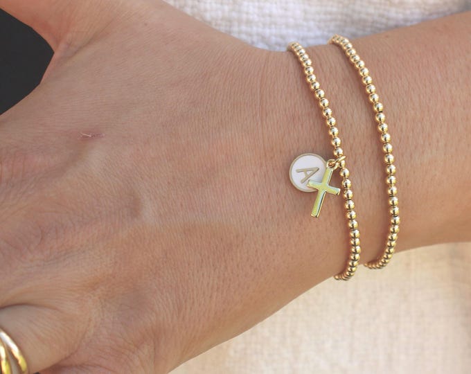 Gold Filled Initial Cross Bracelet Handmade in USA • Free Fast Shipping • Gift for Her • Stretch Design • 14k Gold Jewelry