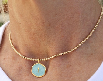 14k Gold Filled Beaded Blue Cross Necklace Handmade in USA • Gift for her • Free Fast Shipping • Ready to gift