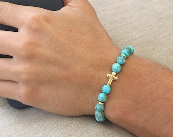 Jasper Stone Cross Bracelet • Handmade in USA • Free Fast Shipping • Gift for Him • Stretch Design