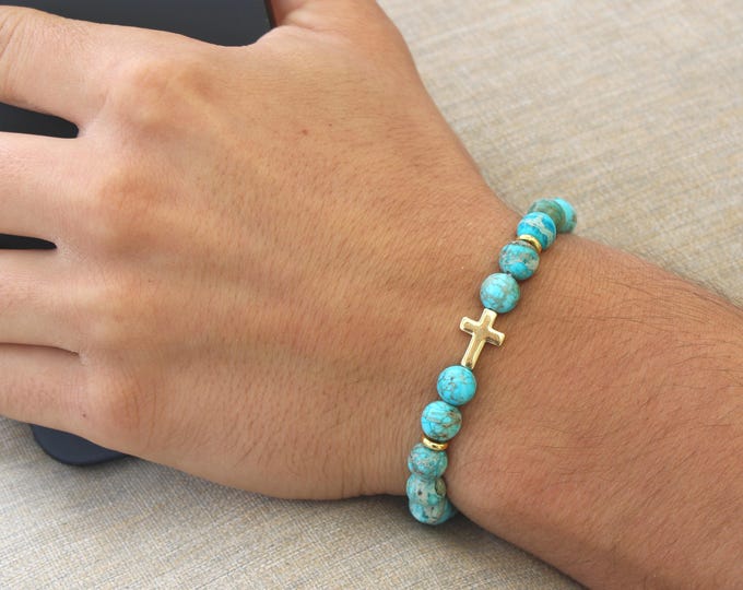 Jasper Stone Cross Bracelet • Handmade in USA • Free Fast Shipping • Gift for Him • Stretch Design