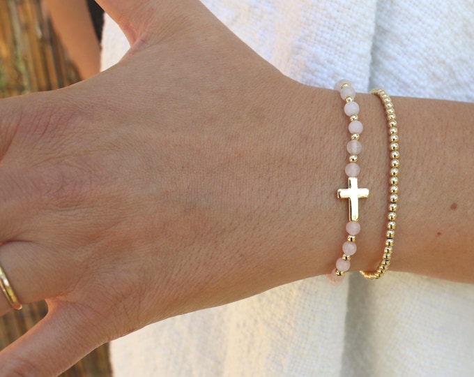 Gold Filled Rose Quartz Cross Bracelet Handmade in USA • Free Fast Shipping • Beautiful Gift For Her • Stretch Design • 14k Gold Jewelry