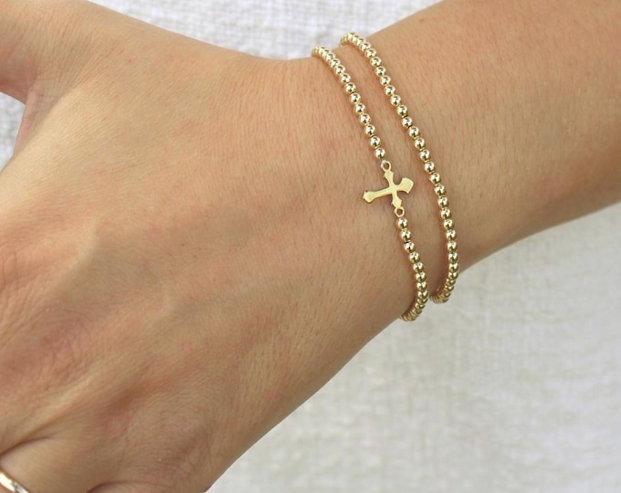 Gold Filled Cross Bracelet Handmade in USA • Free Fast Shipping • Beautiful Gift For Her • Stretch Design • 14k Gold Jewelry