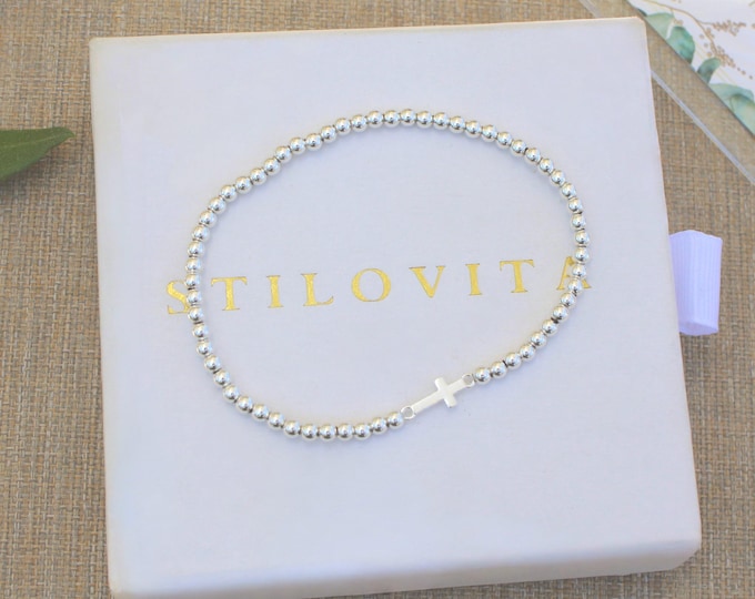 Sterling Silver Cross Bracelet Handmade in USA • Free Fast Shipping • Beautiful Gift for Her • Stretch Design • 925 Jewelry