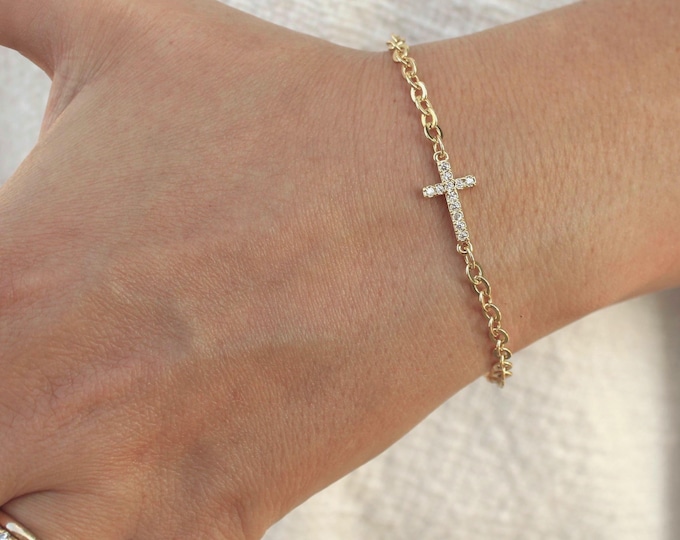 14k Gold Filled Cross Bracelet Handmade in USA • Free Fast Shipping • Gift for Her • Lobster Clasp • 24k Chain