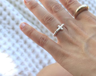 Sterling Silver Cross Ring Handmade in USA • Free Fast Shipping • Beautiful Gift For her • Stretch Design • 925 Silver Beads