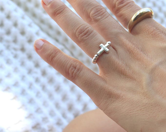 Sterling Silver Cross Ring Handmade in USA • Free Fast Shipping • Beautiful Gift For her • Stretch Design • 925 Silver Beads