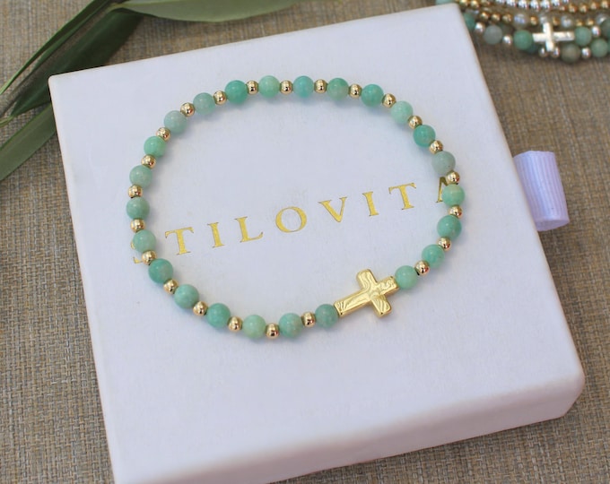 Gold Filled Stone Cross Bracelet Handmade in USA • Free Fast Shipping • Gift For Her • Stretch Design • 14k Gold Jewelry