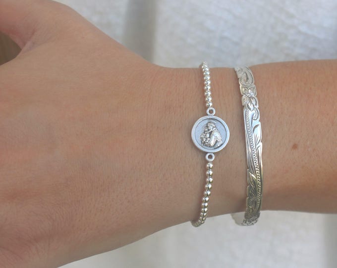 Sterling Silver Saint Anthony Bracelet Handmade in USA • Free Fast Shipping • Beautiful Gift for Her • Stretch Design • 925 Jewelry