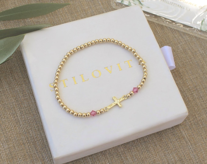 Gold Filled Birthstone Cross Bracelet Handmade in USA • Free Fast Shipping • Perfect Gift for Her • Stretch Design • 14k Gold Jewelry