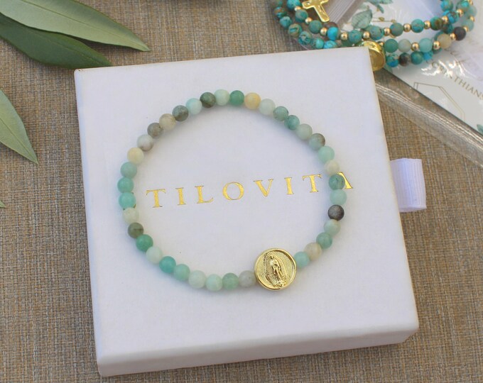 Gold Filled Virgin Mary Stone Bracelet Handmade in USA • Free Fast Shipping • Gift For Her • Stretch Design