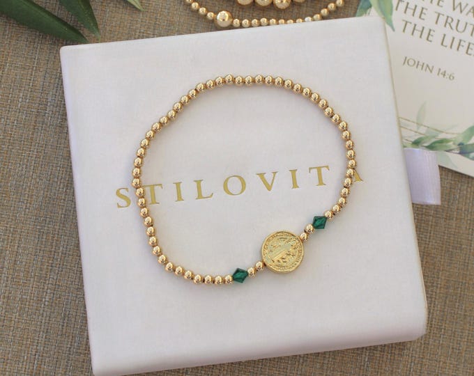 St Benedict Birthstone Bracelet  • Free Fast Shipping • Beautiful Gift for Her • Stretch • 14k Gold Jewelry • Handmade in USA