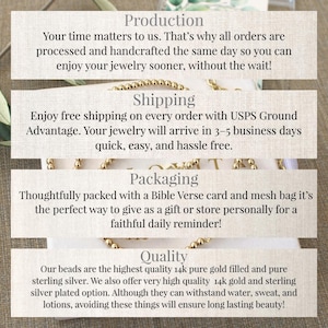 May include: Image with text detailing jewelry production, shipping, packaging, and quality. The text mentions same-day processing, free shipping, gift packaging, and the use of 14k gold and sterling silver beads.