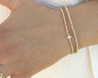 Gold Filled Cross Bracelet Handmade in USA • Free Fast Shipping • Beautiful Gift for Her • Stretch Design • 14k Gold Jewelry