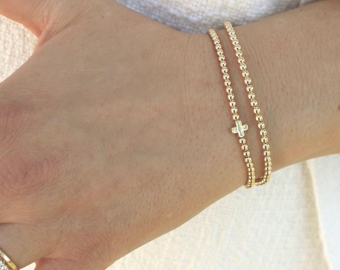 Gold Filled Cross Bracelet Handmade in USA • Free Fast Shipping • Beautiful Gift for Her • Stretch Design • 14k Gold Jewelry